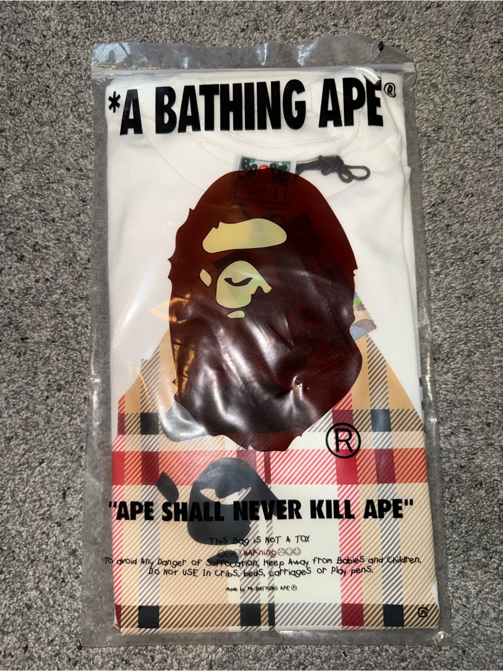 Bape White Short Sleeve Tee with Brown Ape Head & Plaid Accents